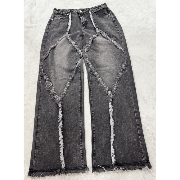 Pretty Little Thing Denim - PrettyLittleThing Washed Black Frayed Raw Seam Wide Leg Jeans Y2K Grunge 8 Tall